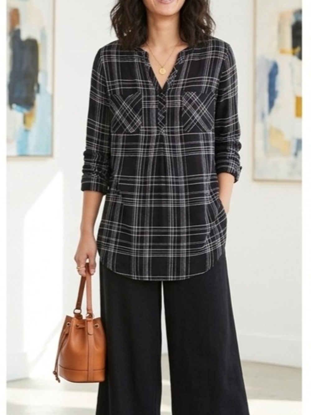 Tribal Black & White Plaid V-Neck Tunic Top